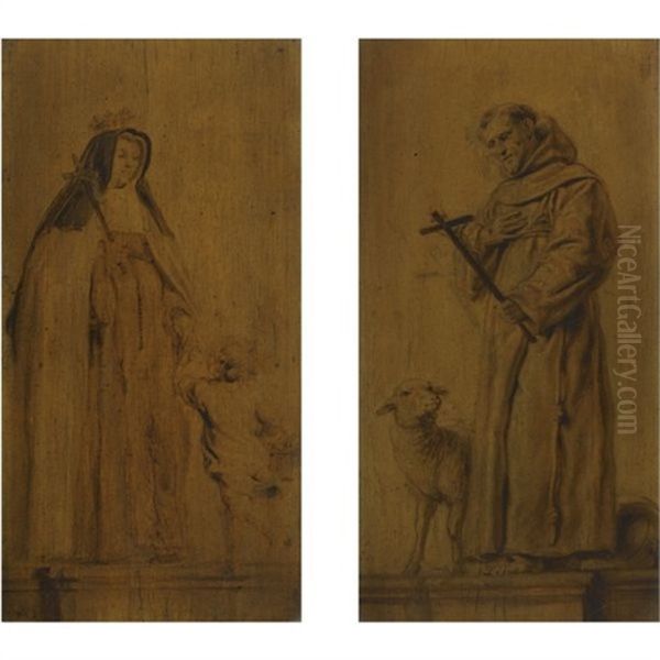 Saint Jeanne De Valois Holding A Crucifix, With The Christ Child Running Up To Her (+ Saint Francis Of Assisi Holding A Crucifix; Pair) Oil Painting by Abraham van Diepenbeeck