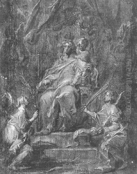 Thronende Maria Mit Dem Kind Und Zwei Adorierenden Engeln by Abraham van Diepenbeeck