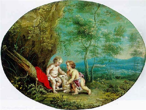 Zwei Amoretten In Einer Landschaft Oil Painting by Abraham van Diepenbeeck