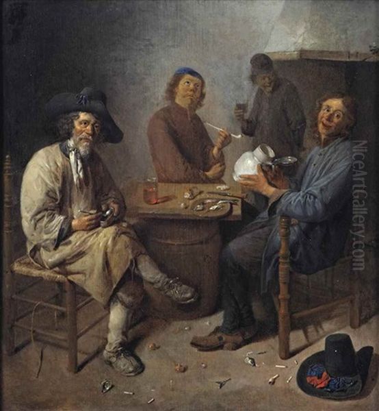 Peasants Smoking And Drinking In An Interior Oil Painting by Abraham Diepraam