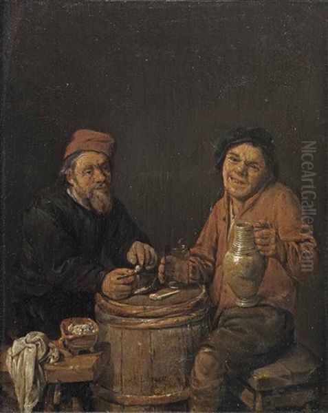 Two Peasants Smoking And Drinking Oil Painting by Abraham Diepraam