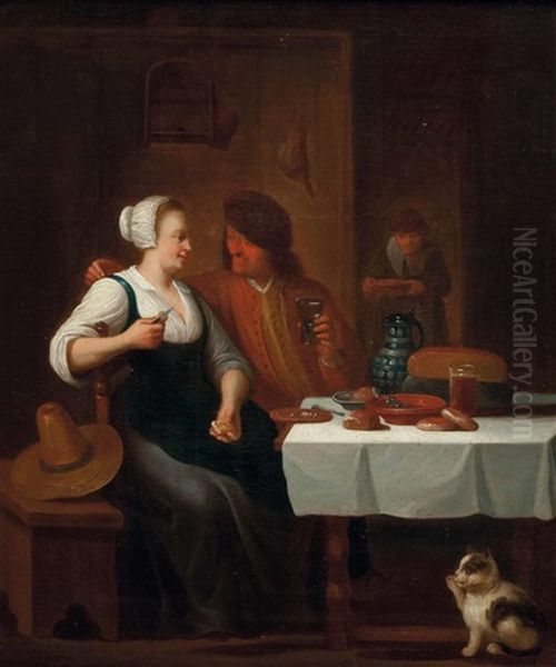 Junge Frau Und Verehrer Am Tisch Oil Painting by Abraham Diepraam