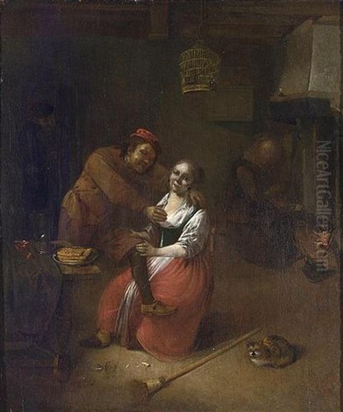 An Amorous Couple In An Inn, With A Woman By A Fireplace In The Background, A Broom And A Cat In Front Oil Painting by Abraham Diepraam