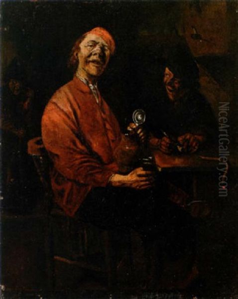 Two Peasants Drinking And Smoking At A Table In A Tavern, Another Figure With A Staff In The Background Oil Painting by Abraham Diepraam