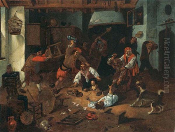 Peasants Brawling In A Tavern Oil Painting by Abraham Diepraam