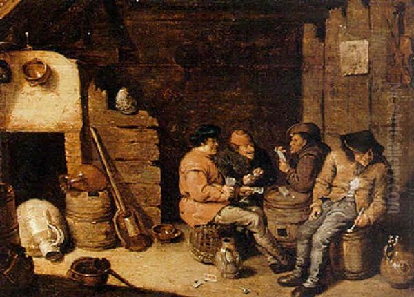 Peasants Playing Cards In A Barn Oil Painting by Abraham Diepraam