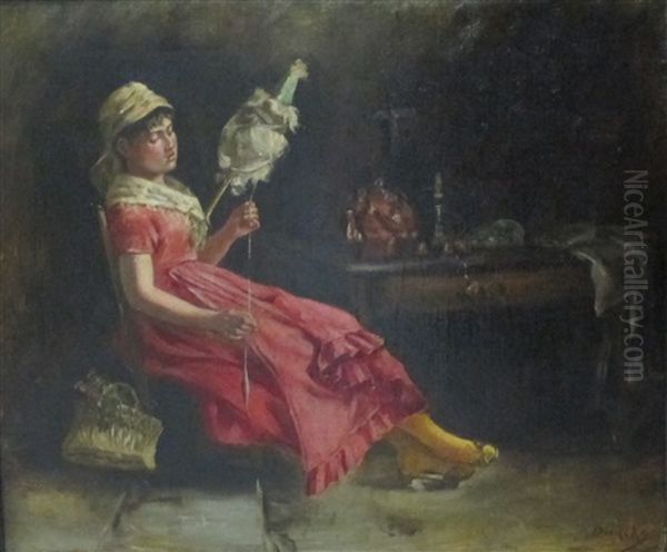 Jeune Fileuse A La Quenouille Oil Painting by Pierre Jacques Dierckx