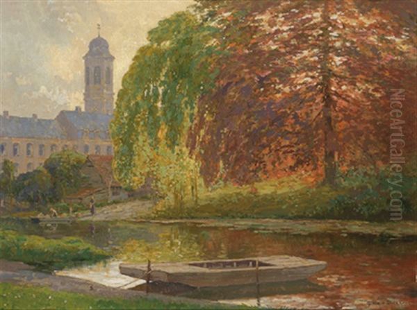 Ein Kanal In Einem Flamischen Stadtchen Oil Painting by Gustave Dierkens