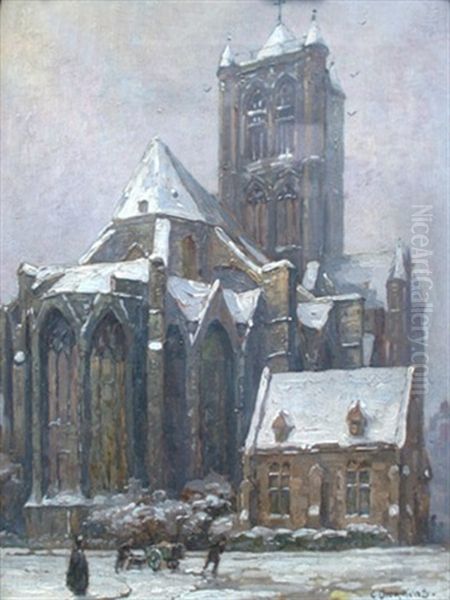 Blick Auf Den Chor Der St. Nicolaaskirche In Gent Im Winter Oil Painting by Gustave Dierkens