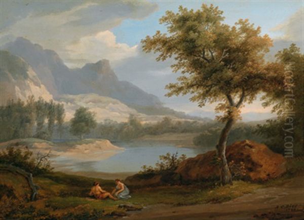 Ideale Landschaft Mit Ruhendem Liebespaar An Einem See Oil Painting by Albert Christoph Dies