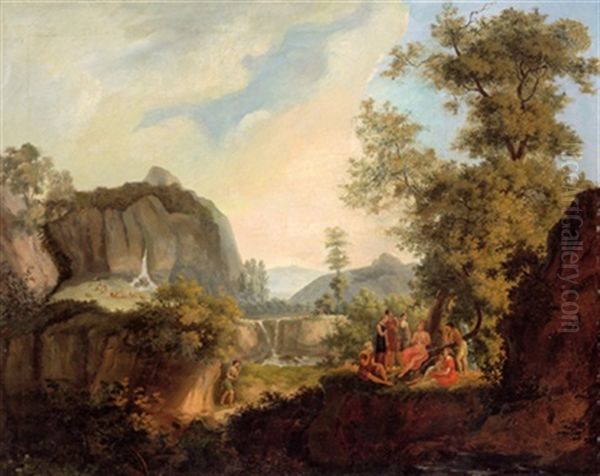 Apollo Unter Den Hirten In Einer Sudlichen Gebirgslandschaft Mit Einem Wasserfall Oil Painting by Albert Christoph Dies