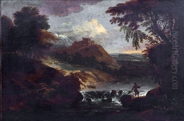 Paysage Avec Un Pecheur Et Une Cascade Oil Painting by Adriaen Van Diest