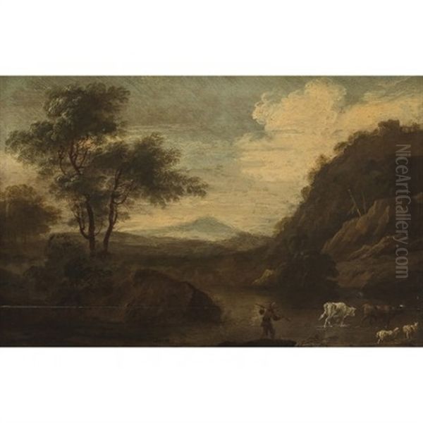 Paisaje Con Ganado Cruzando El Rio Oil Painting by Adriaen Van Diest