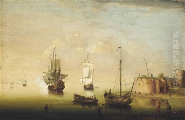 Shipping Lying In A River Estuary By A Fortress With A Dutch Frigate Saluting Her Departure From The Anchorage Oil Painting by Adriaen Van Diest