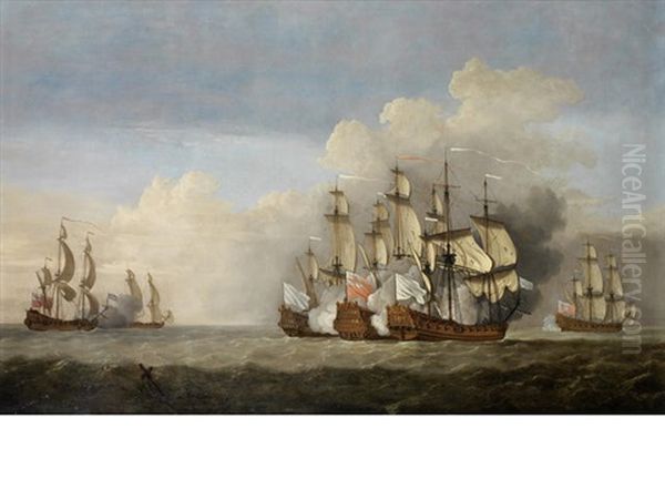 An Engagement Between Opposing French And English Squadrons At Sea, The English Flagship In Close Action With Two Of The Enemy Oil Painting by Adriaen Van Diest