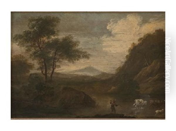 Paisaje Con Ganado Cruzando El Rio Oil Painting by Adriaen Van Diest