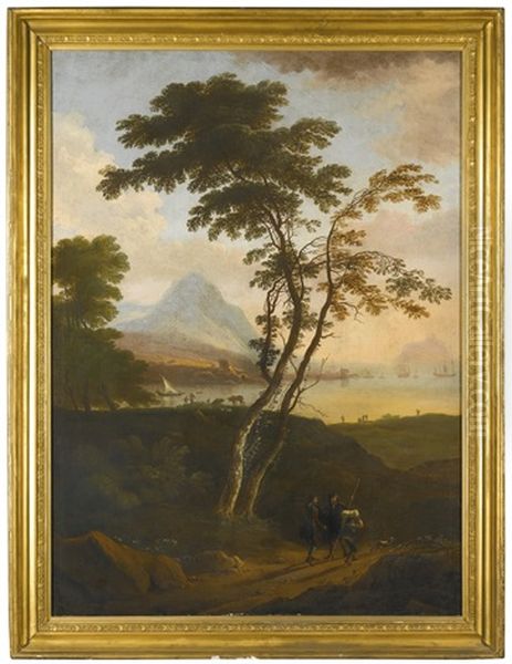 Travellers On A Road, Overlooking A Bay Oil Painting by Adriaen Van Diest