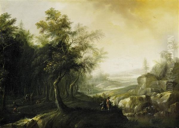 Weite Flusslandschaft Mit Wanderern Am Waldrand Oil Painting by Adriaen Van Diest