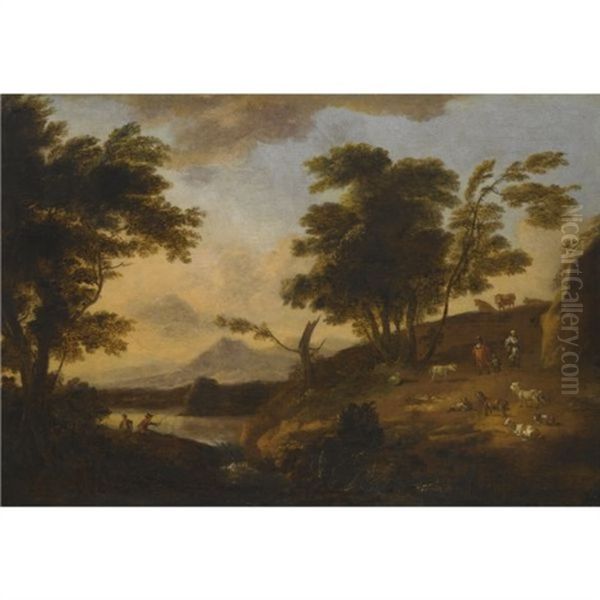 A Wooded River Landscape With Figures Fishing, Peasants, Animals And Mountains Beyond Oil Painting by Adriaen Van Diest