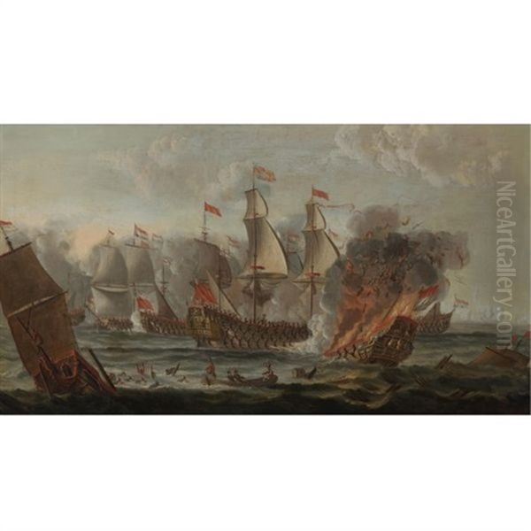 The Battle Of Lowestoft, The Second Dutch War Oil Painting by Adriaen Van Diest