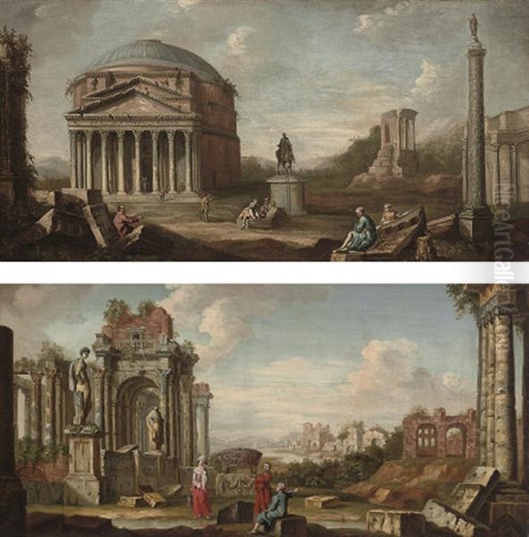 A Roman Capriccio Of The Pantheon With Figures Seated By Ruins (+ An Architectural Capriccio With Figures Conversing; Pair) Oil Painting by Adriaen Van Diest