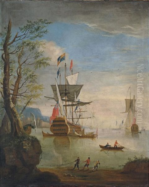 A Coastal Landscape With A British Man-o'war At Anchor In Calm Waters With Other Shipping Oil Painting by Adriaen Van Diest