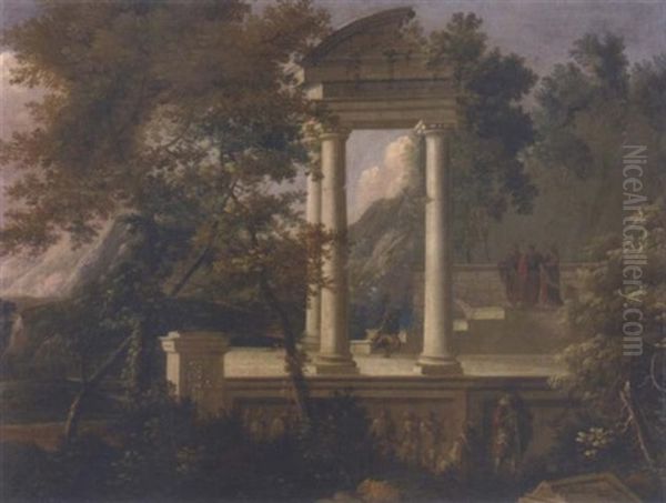 An Extensive Mountainous Wooded Landscape With Figures Conversing In Classical Ruins Oil Painting by Adriaen Van Diest