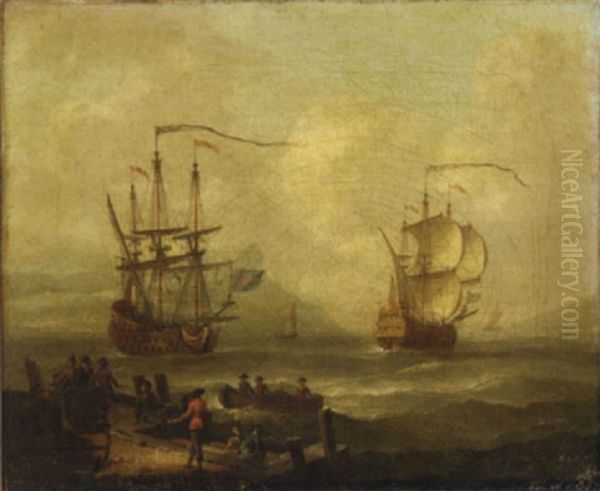 A Coastal Landscape With Men-o'-war In A Light Breeze And Figures On The Shore Oil Painting by Adriaen Van Diest