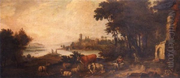 A Wooded River Landscape With Peasants And Their Livestock Resting Near Classical Ruins, A Fortress On An Embankment In The Distance Oil Painting by Adriaen Van Diest