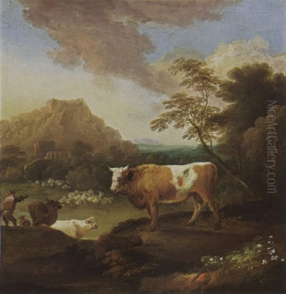 An Italianate Landscape With A Bull In The Foreground And A Shepherd With His Herd Nearby by Adriaen Van Diest