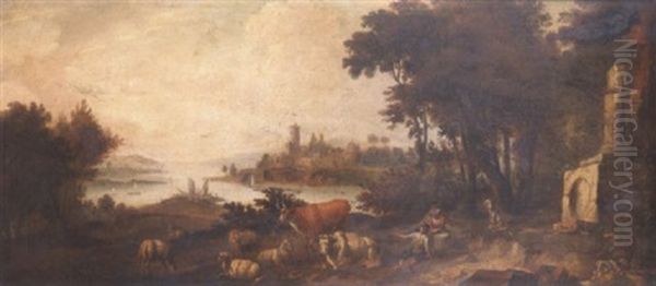 A Wooded River Landscape With Peasants And Their Livestock Resting Near Classical Ruins, A Fortress On An Embankment In The Distance Oil Painting by Adriaen Van Diest