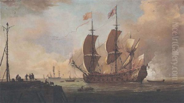 A British Fifth Rate Signalling Its Arrival At A Continental Port Oil Painting by Adriaen Van Diest