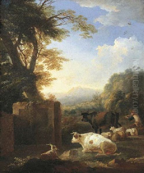 An Italianate Landscape With A Herdsman Playing A Flute, His Herd Beside Him Oil Painting by Adriaen Van Diest