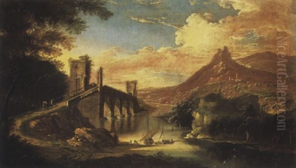 An Italianate Wooded River Lanscape With Travellers Crossing A Bridge, Mountains Beyond Oil Painting by Adriaen Van Diest