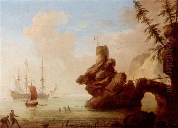 A Rocky Mediterranean Coastal Scene With Fishermen And A Man-of-war At Anchor Oil Painting by Adriaen Van Diest