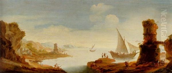 A Mediterranean Rocky Coastline With Fishermen Bringing In Their Nets, A Sailing Vessel By A Ruinous Tower, Mountains Beyond Oil Painting by Adriaen Van Diest