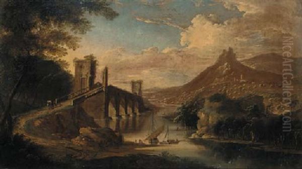 An Extensive River Landscape With Figures On A Bridge Oil Painting by Adriaen Van Diest