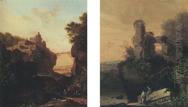 Southern Landscape With Figures Resting Among Antique Ruins Oil Painting by Adriaen Van Diest