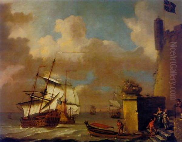 Seascape With Elegant Figures Approaching A Barge, British Men Of War Beyond Oil Painting by Adriaen Van Diest