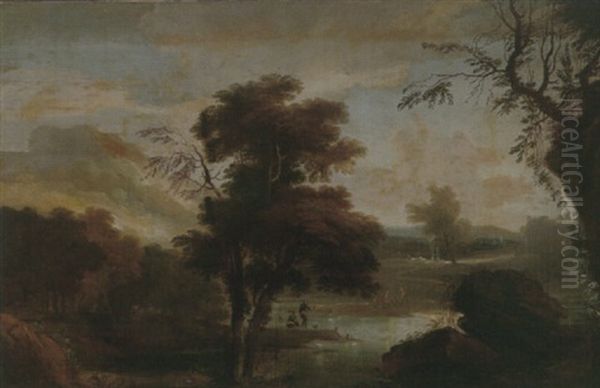 A Wooded Landscape With Figures Bathing And Resting On The Banks Of A River Oil Painting by Adriaen Van Diest