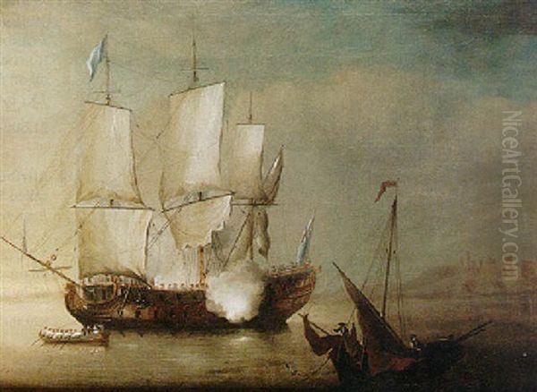 A British Man Of War Off The Coast Oil Painting by Adriaen Van Diest