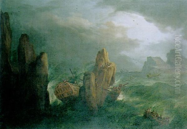 A Fleet Wrecked On A Rocky Coastline With A Rescue In Progress by Adriaen Van Diest