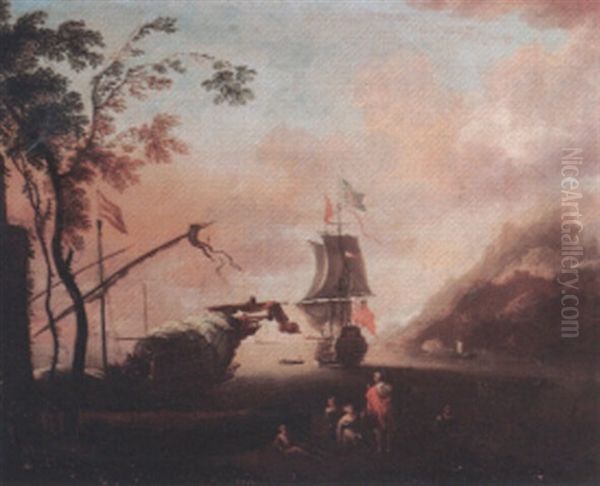 Rocky Coastal Landscape With Men-of-war Flying The British Flag Oil Painting by Adriaen Van Diest