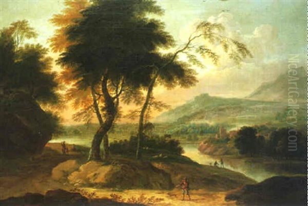 An Extensive Mountainous Lake View, With Figures On A Road Oil Painting by Adriaen Van Diest