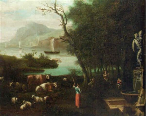 A River Landscape With A Shepherdess And Peasants Making Music By A Fountain Oil Painting by Adriaen Van Diest