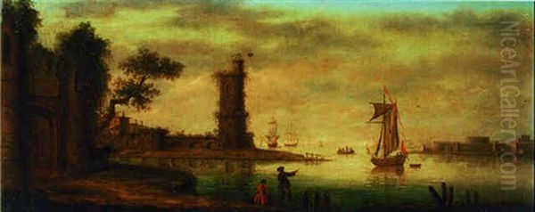 A Capriccio Of A Mediterranean Harbour With Figures On The Shore Oil Painting by Adriaen Van Diest