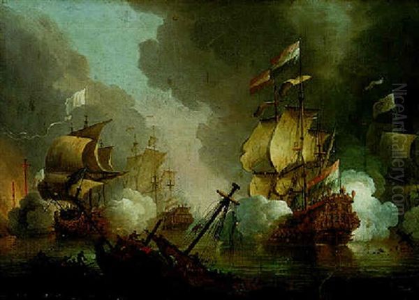 The Dutch Fleet, Commanded By Cornelis Tromp, Engaged Against The Marquis Duquesne, 1675-6 Oil Painting by Adriaen Van Diest