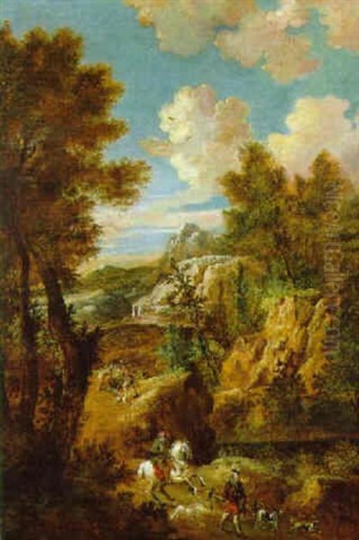 Ausritt Zur Falkenjagd In Gebirgiger Landschaft Oil Painting by Adriaen Van Diest