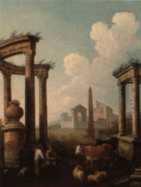 Shepherds Resting Amongst Classical Ruins Oil Painting by Adriaen Van Diest