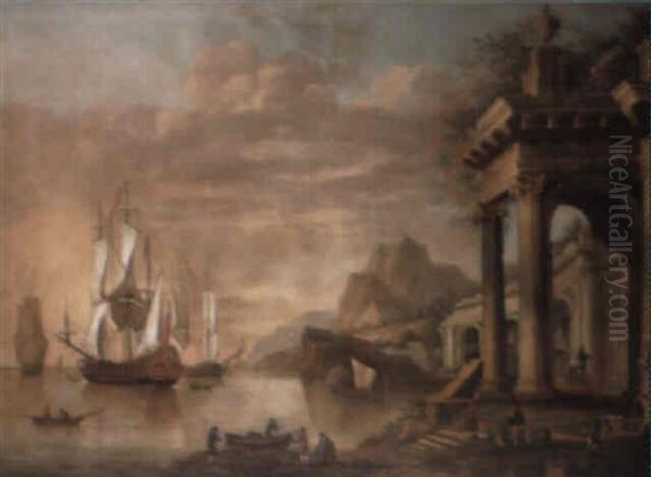 Man-of-war And Other Ships In Harbour Oil Painting by Adriaen Van Diest